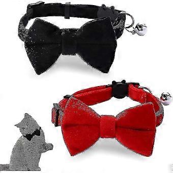 2 Stück Samtfliege Katzenhalsband mit Glocke verstellbares Breakaway-Kätzchen Kleine Welpen-Sicherheitsfliege Solide Hochzeit Rotes Katzenhalsband für Jungenmädchen Katzen