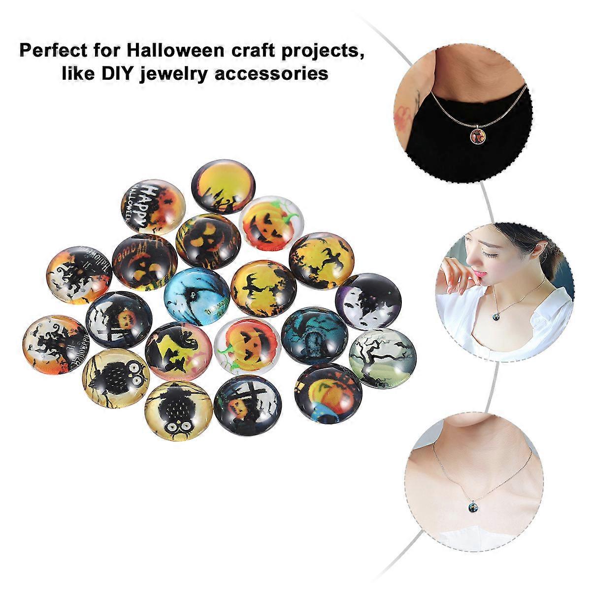 60Pcs Halloween Pattern Glass Patch for Necklace Round Time Gemstone