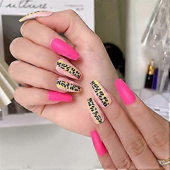 Long Coffin Press On Nails 24pcs Pink Leopard Print French Tip Fake Nails for Instant Salon Manicure