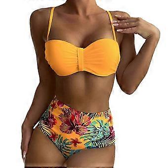 Women's Floral Print Bikini Set with Spaghetti Straps - 2 Piece High Cut Swimwear compatible with Beach & Pool - Yellow Size M