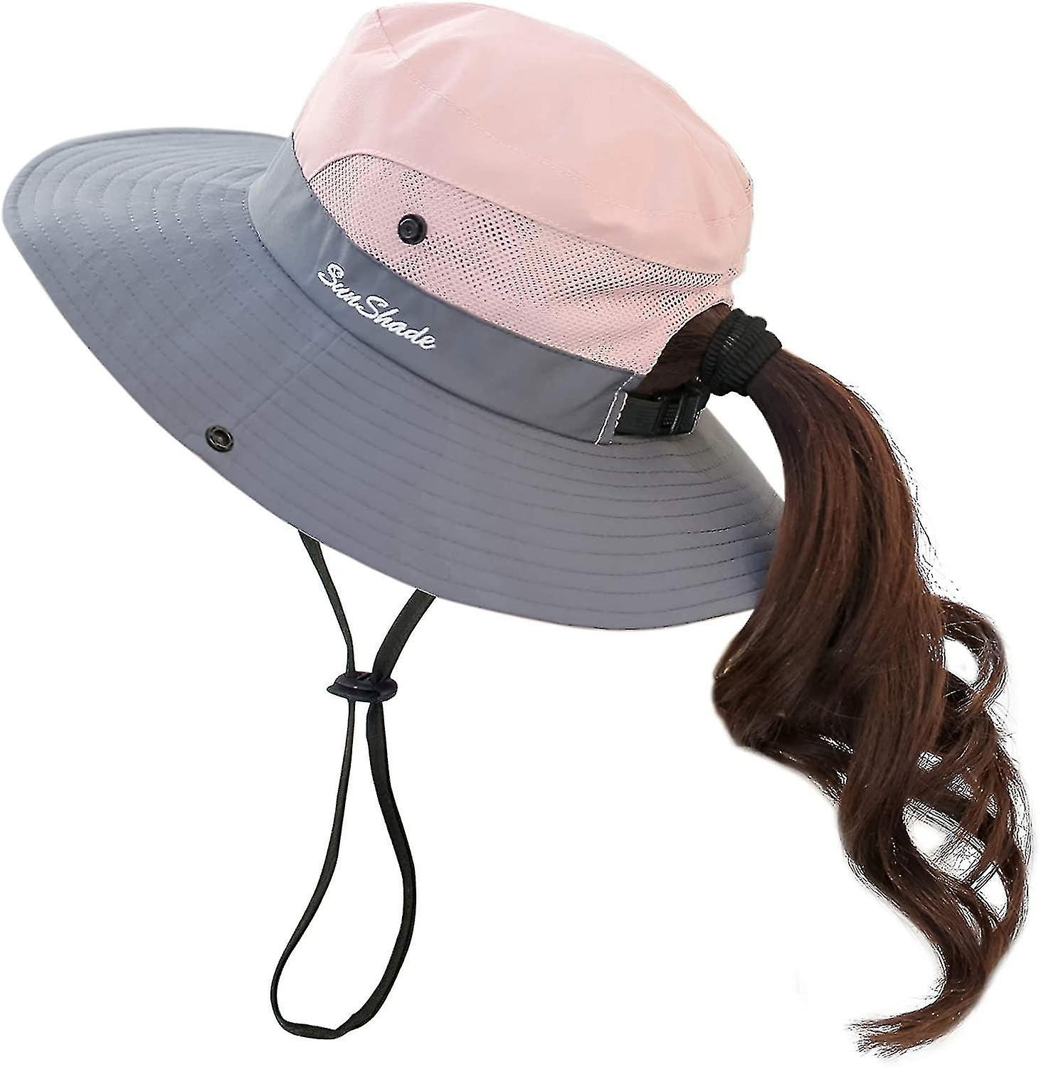 Women's Summer Mesh Wide Brim Sun Uv Protection Hat With Ponytail Hole