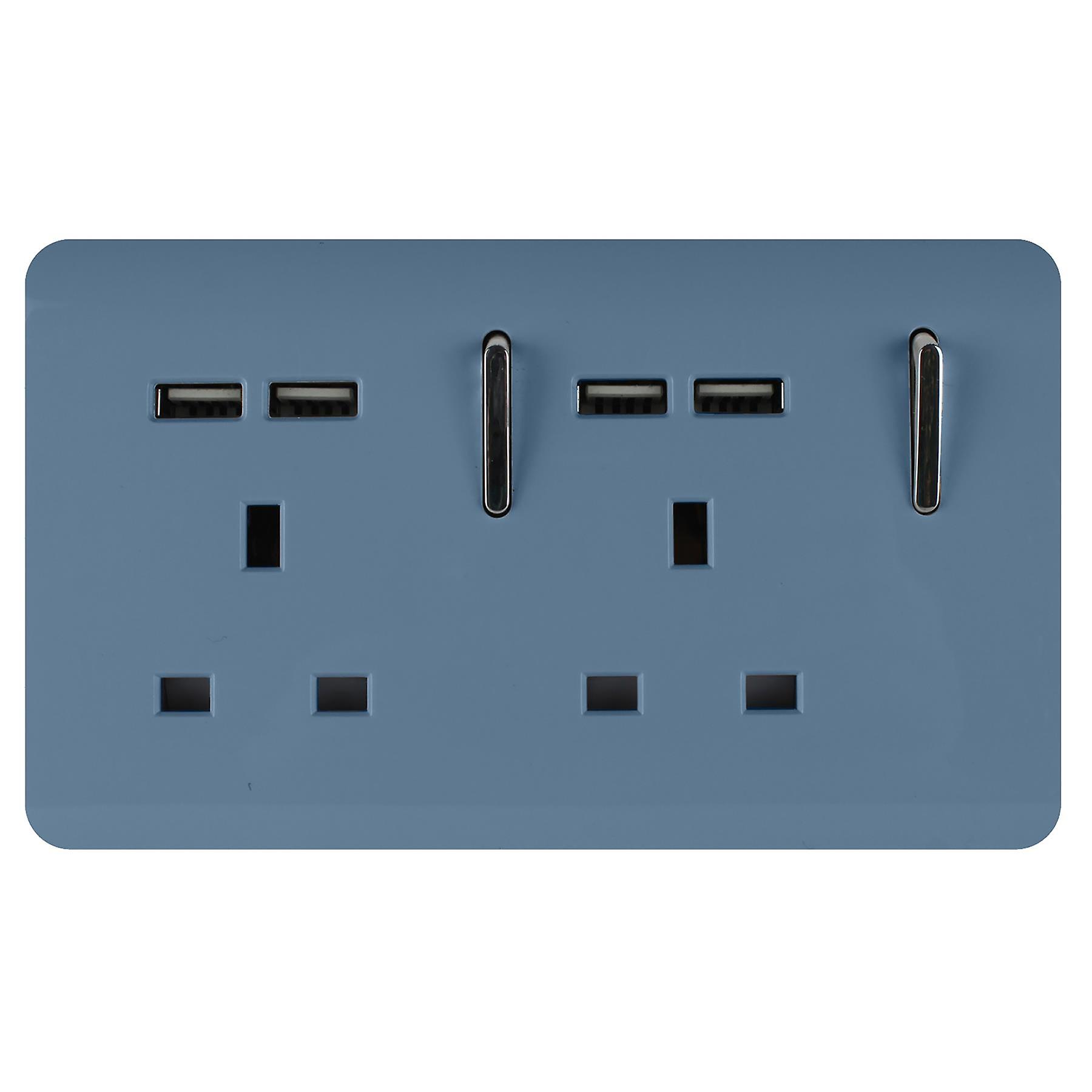 Trendi 2 Gang Artistic Modern Glossy 13 Amp 4x2.1mA USB Switched Plug Socket Sky (4 Pack)