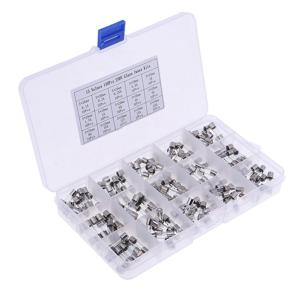 15 Values 150pcs Fast-blow Glass Fuses Assorted Kit 5x20mm with Plastic Box