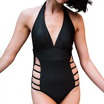 Veeki Women Plunge V Neck One Piece Swimsuits Halter Open Back Bathing Suits High Leg Cutout Swimwear,Black,XXL