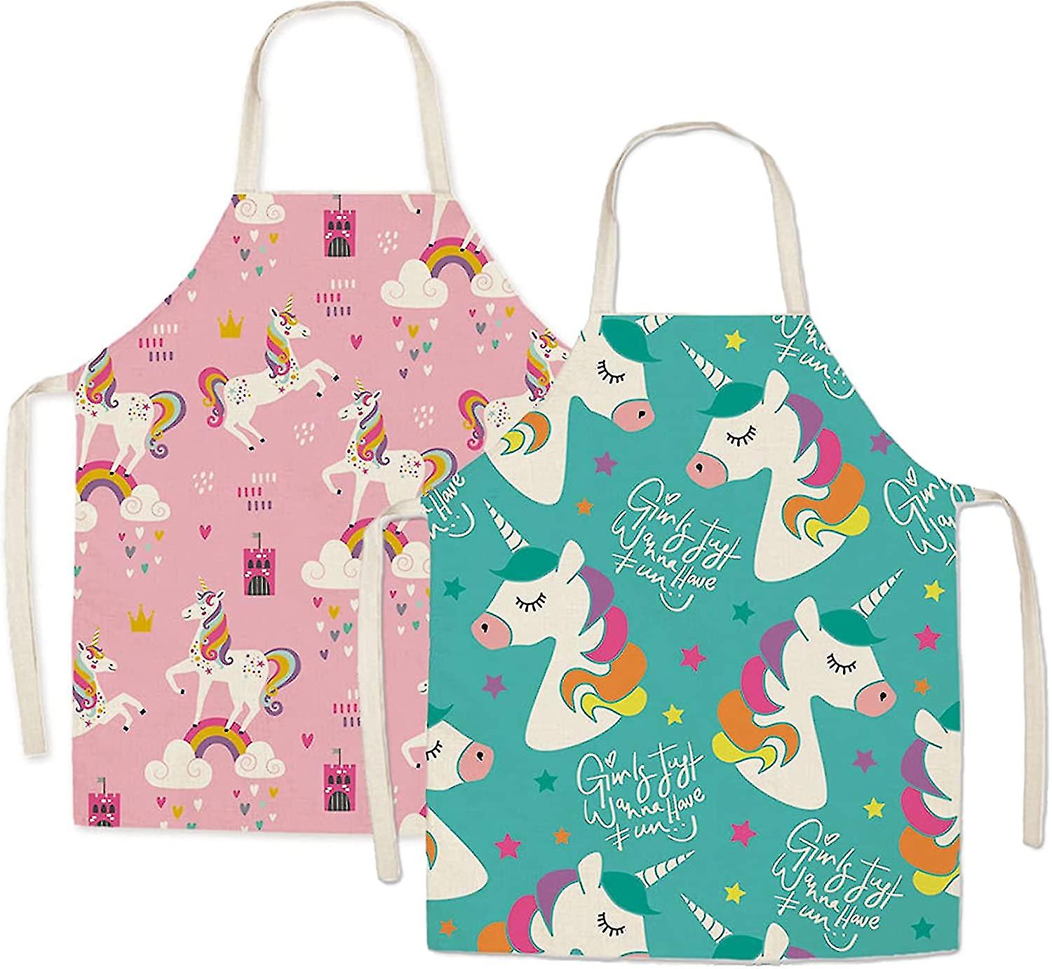 Set of 2 Unicorn Children's Apron Cooking Set for Crafts Painting Baking Pink and Green