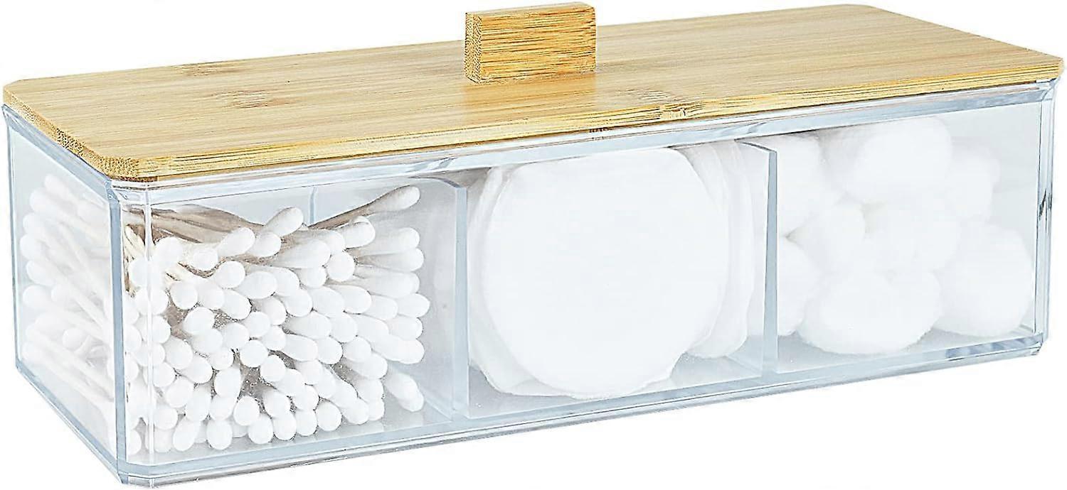 Ακρυλικός διανομέας Qtip Holder με ξύλινο καπάκι, κάτοχος μπάλας βαμβακιού 3 διαμερισμάτων