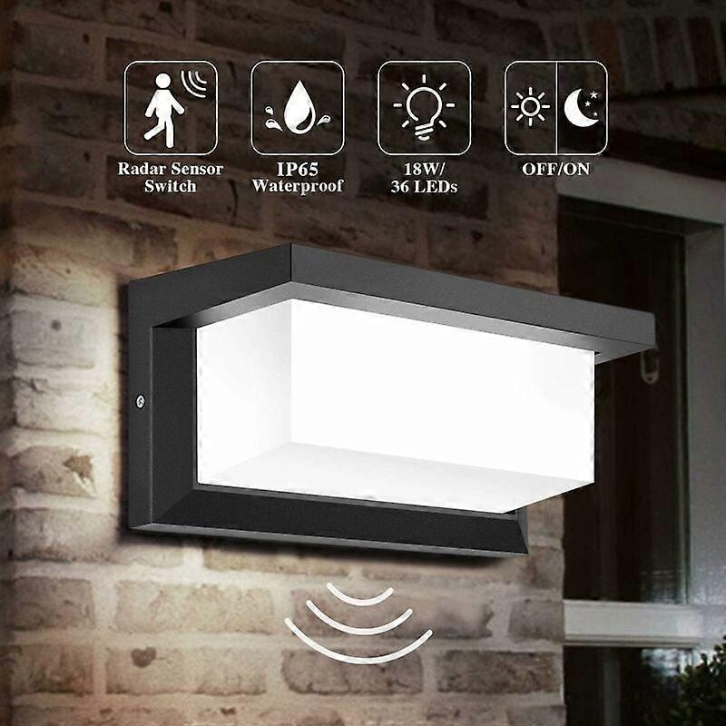 Applique da parete per esterni a led con sensore di movimento, illuminazione per esterni da 18 W IP65 Luce di controllo a induzione radar quadrata impermeabile per patio balcone garage garage W
