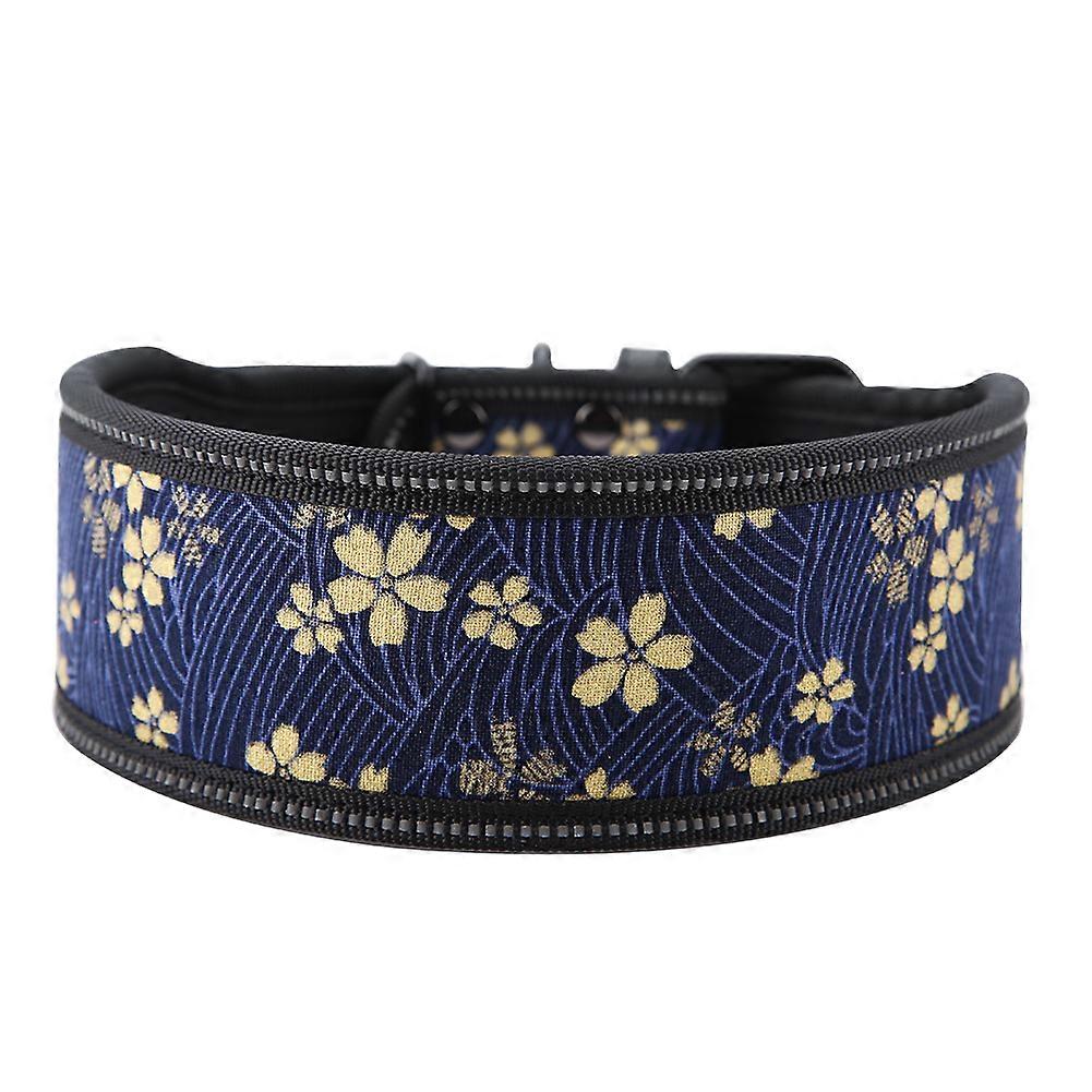 Nylon Adjustable Reflective Buckle Dog Collar with Soft Padding Navy Blue  Flowers M