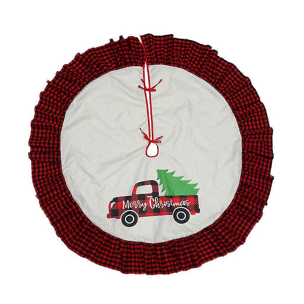 90cm Christmas Tree Skirt With Plaid Ruffled Check Trim Vintage Truck Print Floor Cover Circle Apron Rustic Xmas Holiday Party Decoration