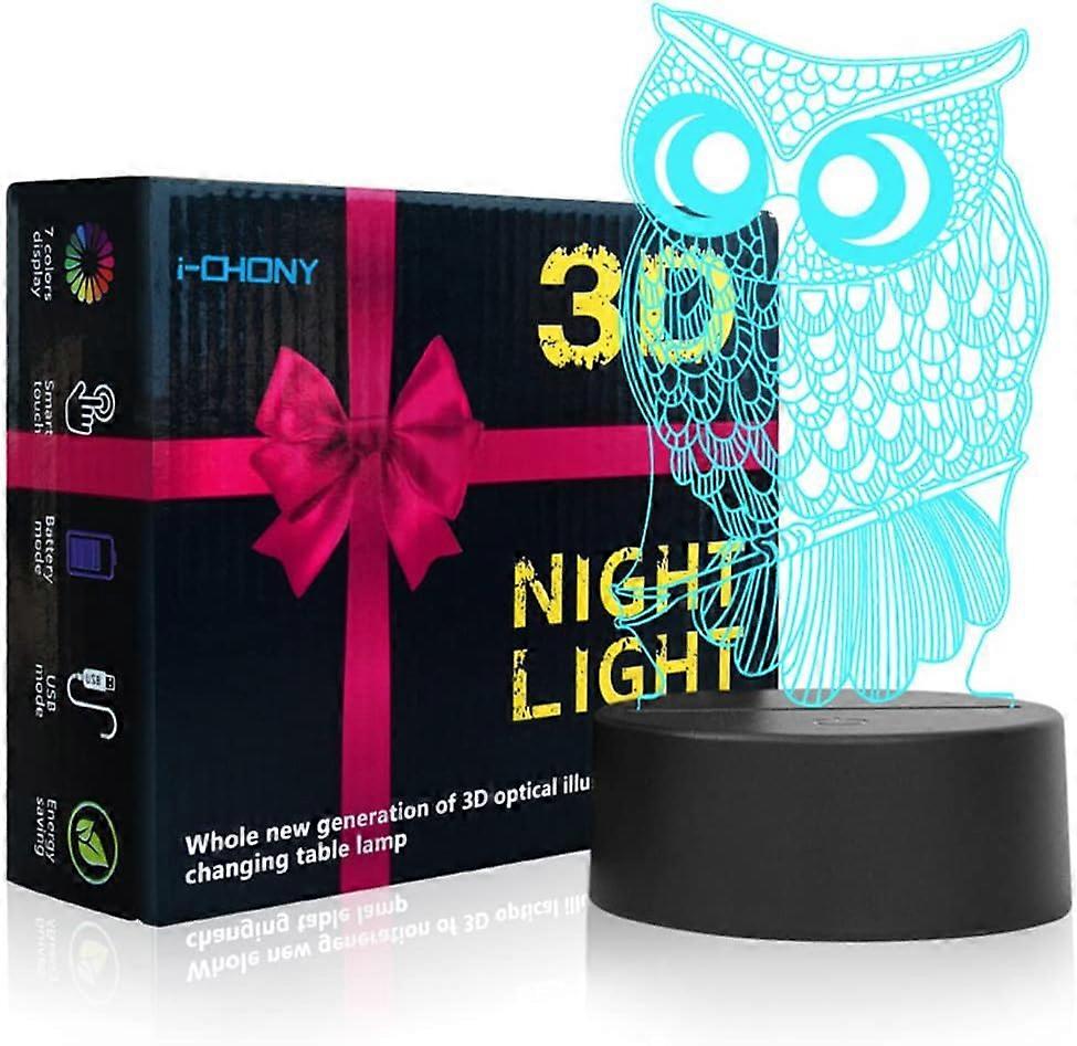 Owl 3D Illusion Night Light Lamp - 7 Colors Changing Touch Table Lamp