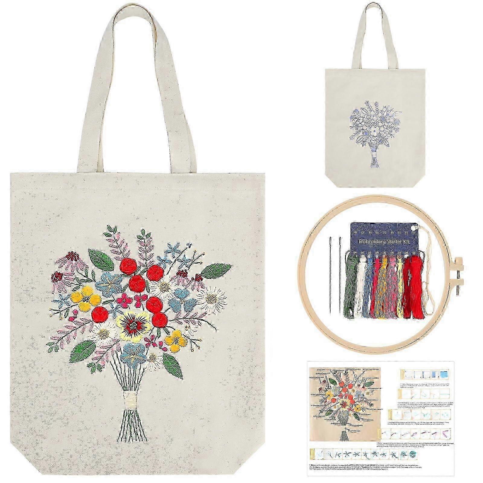 Canvas Tote Bag Embroidery Kit With Floral Pattern, Arts And Diy Adults Cross Stitch Crafts Kits, White