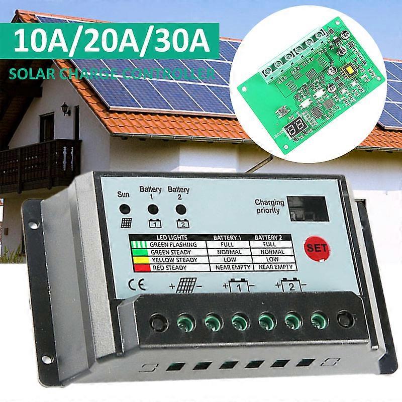 10A/20A/30A PWM Dual Battery Solar Charge Controller for 12V 24V Battery Solar Power Panel Battery Regulator