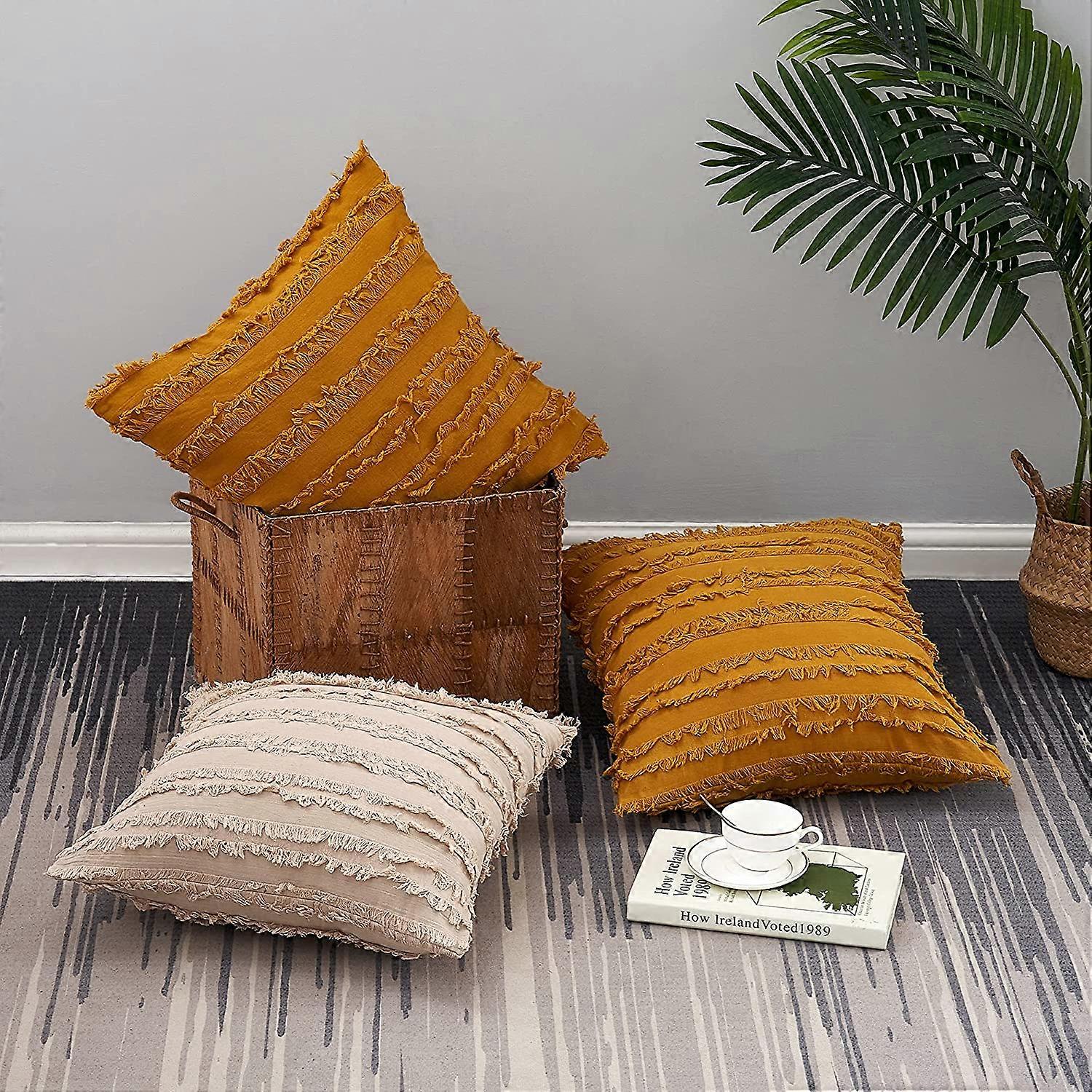 Fodere per cuscini in cotone e lino giallo per divano letto, fodere decorative per cuscini, 18 x 18 pollici, set di 2, senza inserti | IT