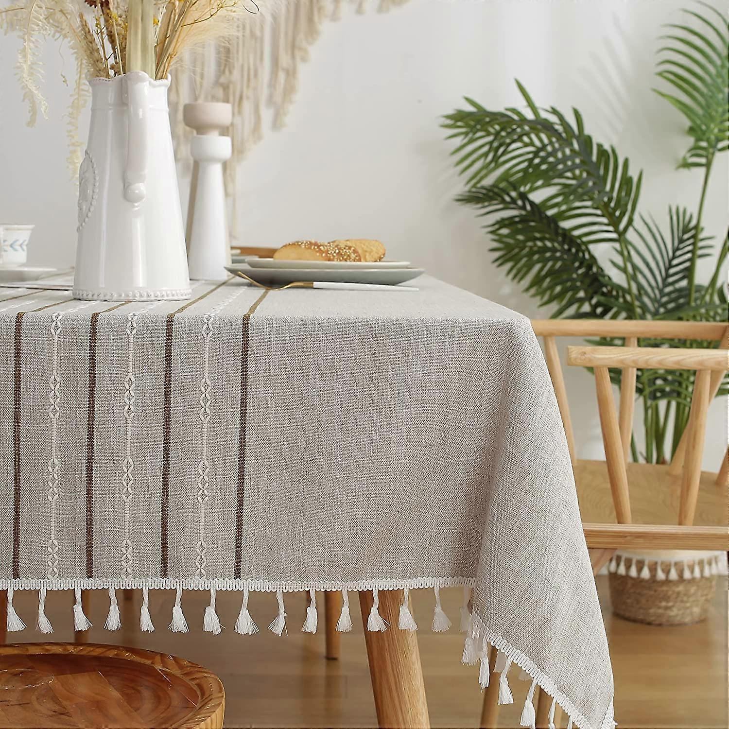 Tablecloth with Tassel Cotton Linen Table Cloth Rectangle Table Burlap Table Cloth for Kitchen Dining Party (Coffee, Brown Line, 55''x70'', 4-6 Seats)