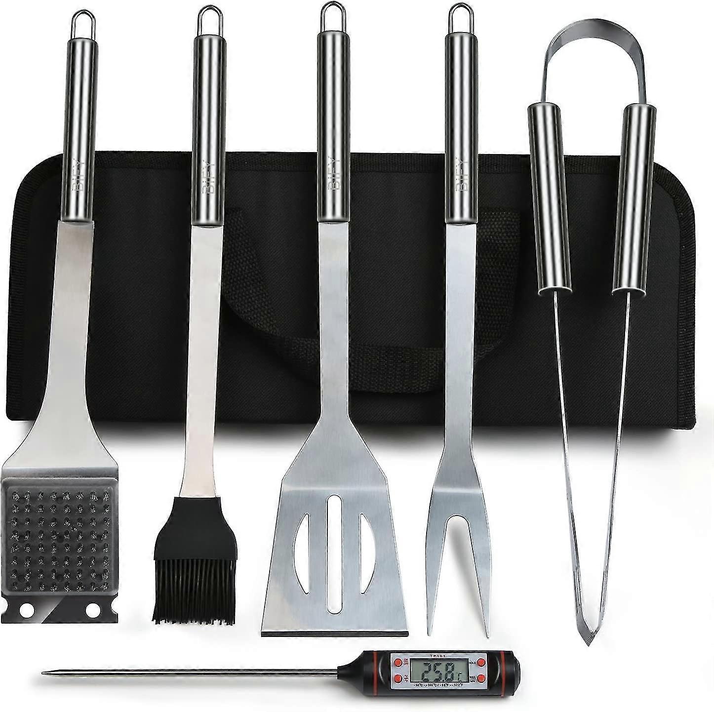 6 في 1 شواء كاتلر القضية + Bbq ميزان الحرارة الفولاذ المقاوم للصدأ جريل أدوات المائدة مجموعة 6 أجزاء
