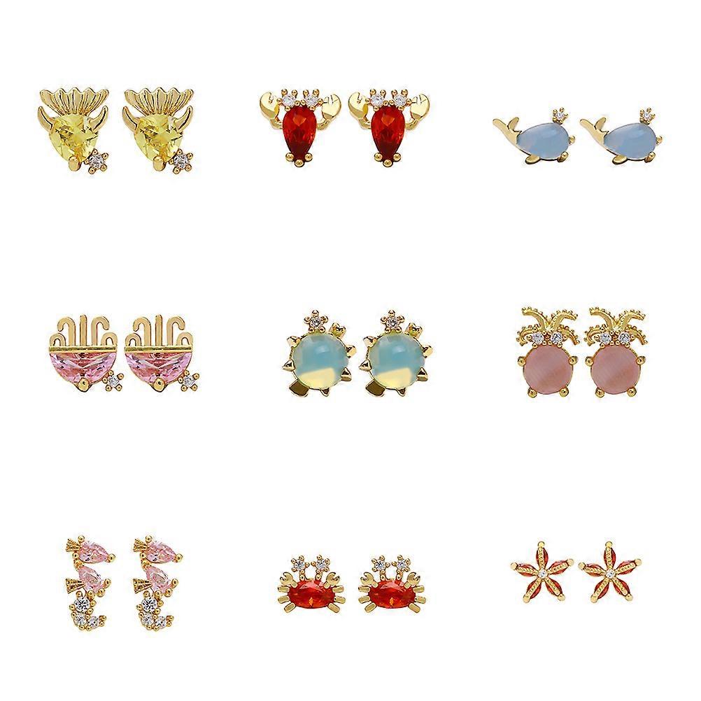 9 Pairs Ocean Ear Studs Marine Ear Piecing Studs Rhinestone Studs Earrings