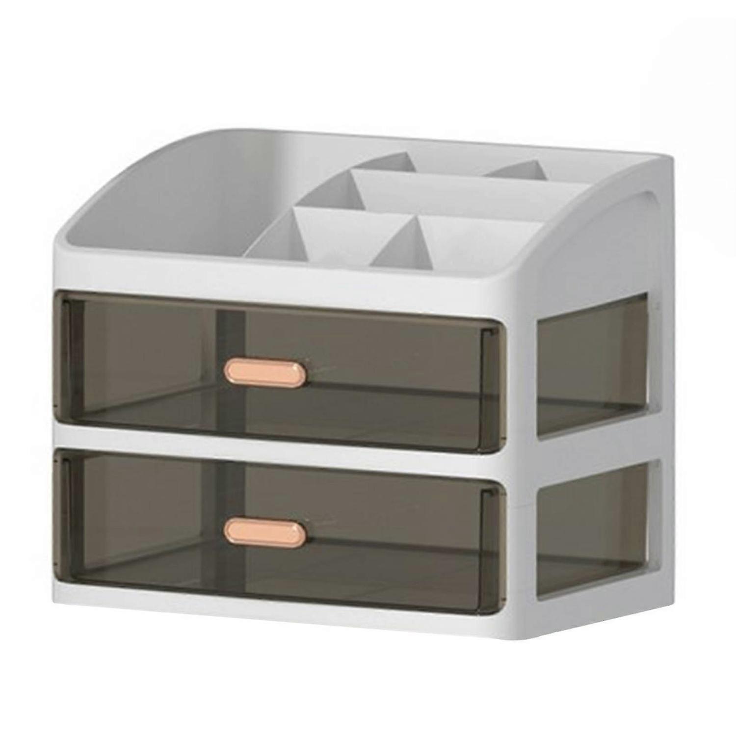 Desktop Storage Box with 2 Clear Drawer Large Capacity Multi-compartments Dustproof Countertop