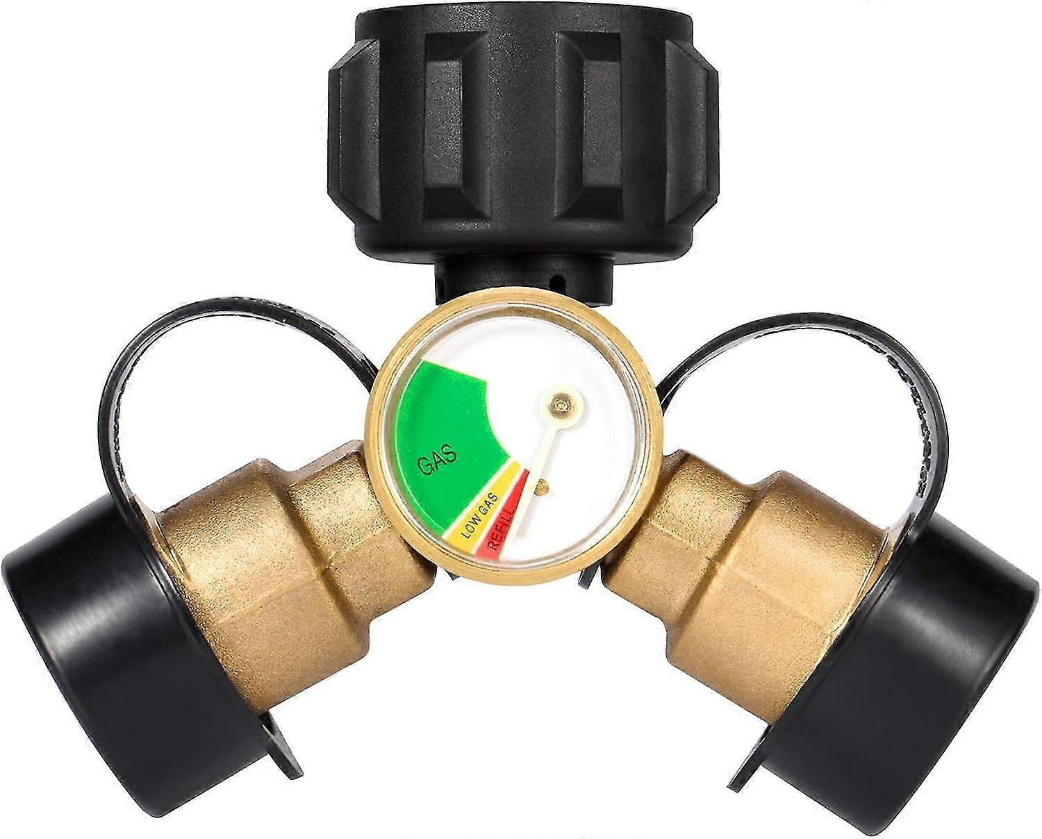 Propane Splitter, 2 Way Propane Tank Y Splitter Adapter with Gauge, LP Gas Adapter Tee Grill Connect