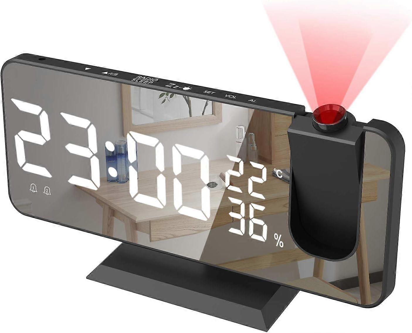 Projection Alarm Clock with USB Charger, 7.4 Inch LED Mirror Display, Dual Loud Alarms and Adjustable Brightness
