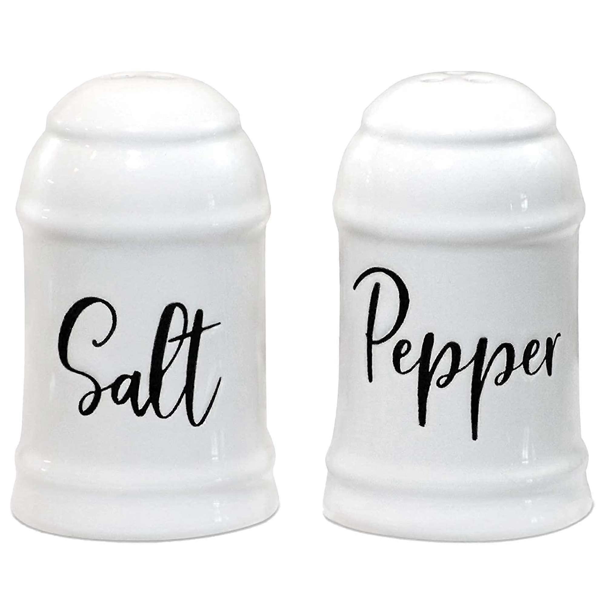 Farmhouse Ceramic Salt and Pepper Shakers Set in White with Rustic Design for Kitchen Dining Table Decor