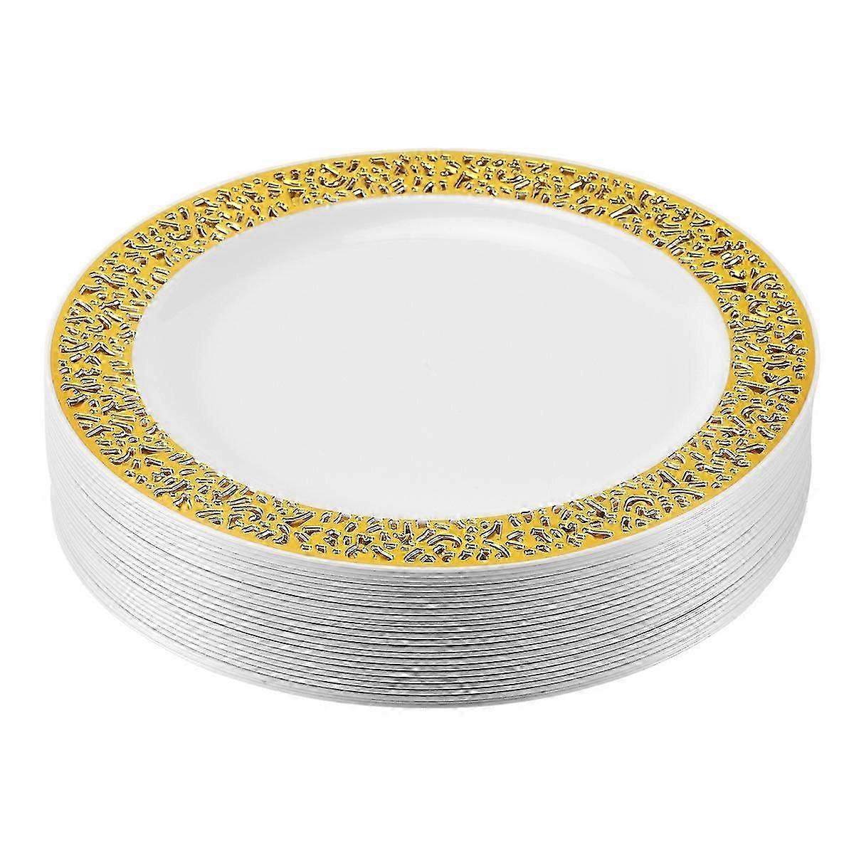 لوحات بلاستيكية يمكن التخلص منها من الذهب - تصميم الدانتيل لوحات بلاستيكية حفل زفاف ، لوحات الدانتيل الذهب سلطة / لوحات الحلوى 25pack-7.5inch