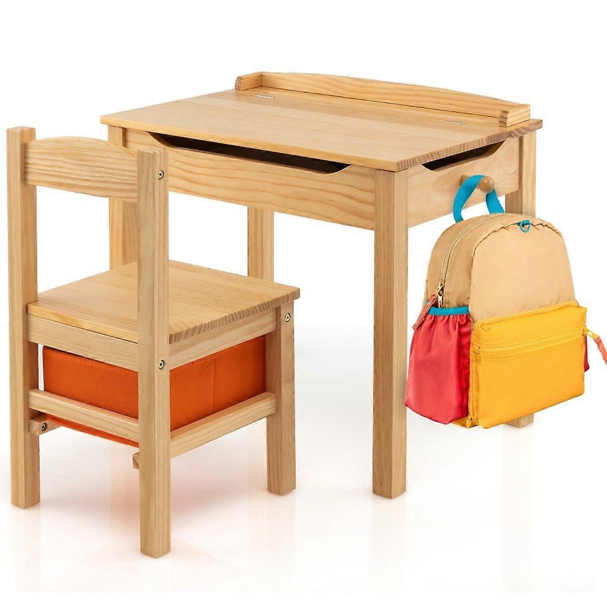 Children's table + chair made of solid wood with folding tabletop & drawer & hooks natural