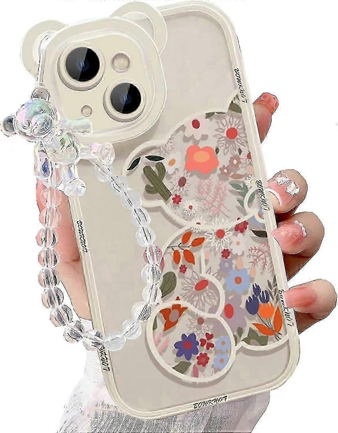 Compatible with iPhone 14 case, Cute Flower Bear Camera Protector transparent Case with Cute Watch Band Bracelet Girl Female case for iPhone 14