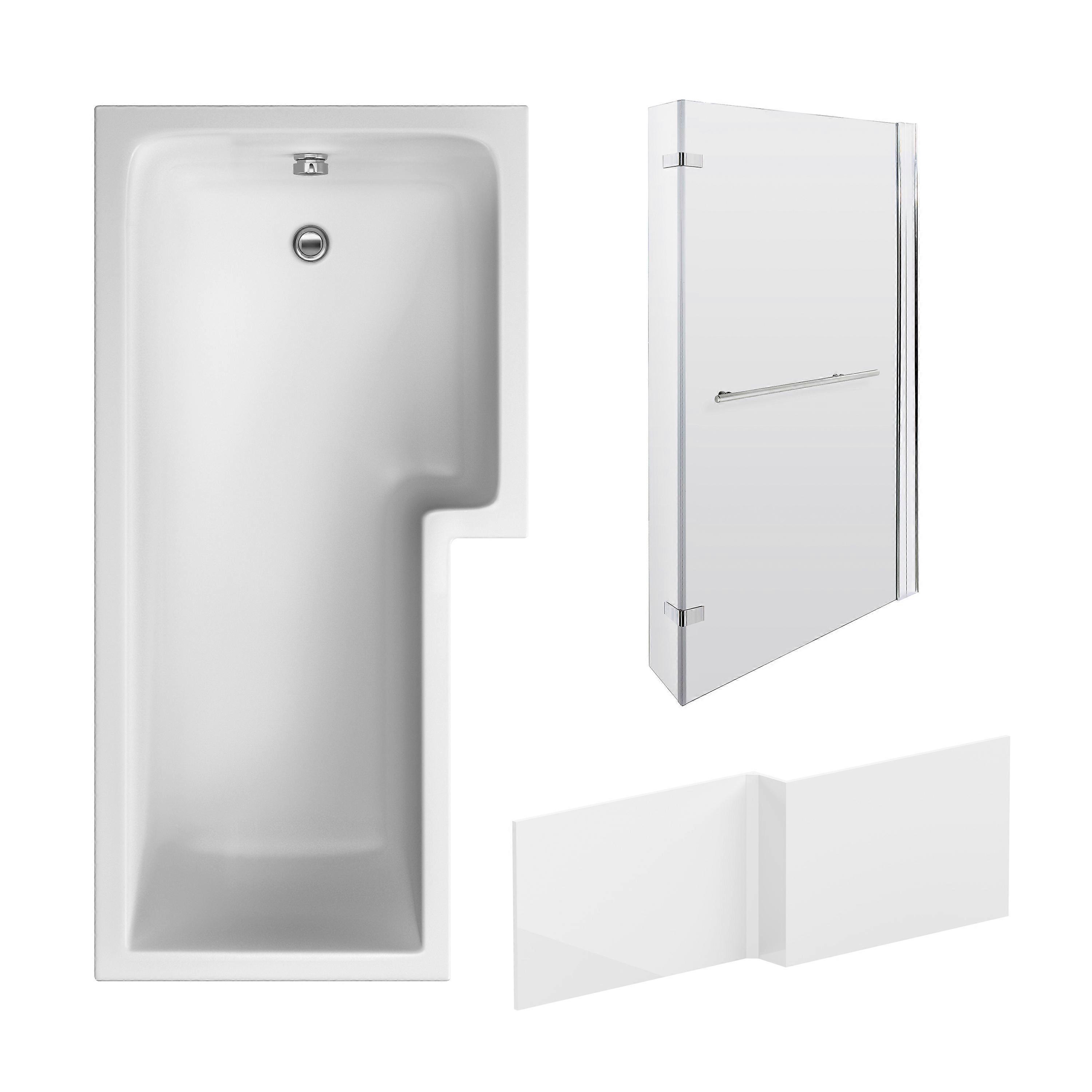 L Shape 1700x850 Shower Bath Set - Front Panel & Chrome Fixed Return Screen with Towel Rail, Right Hand