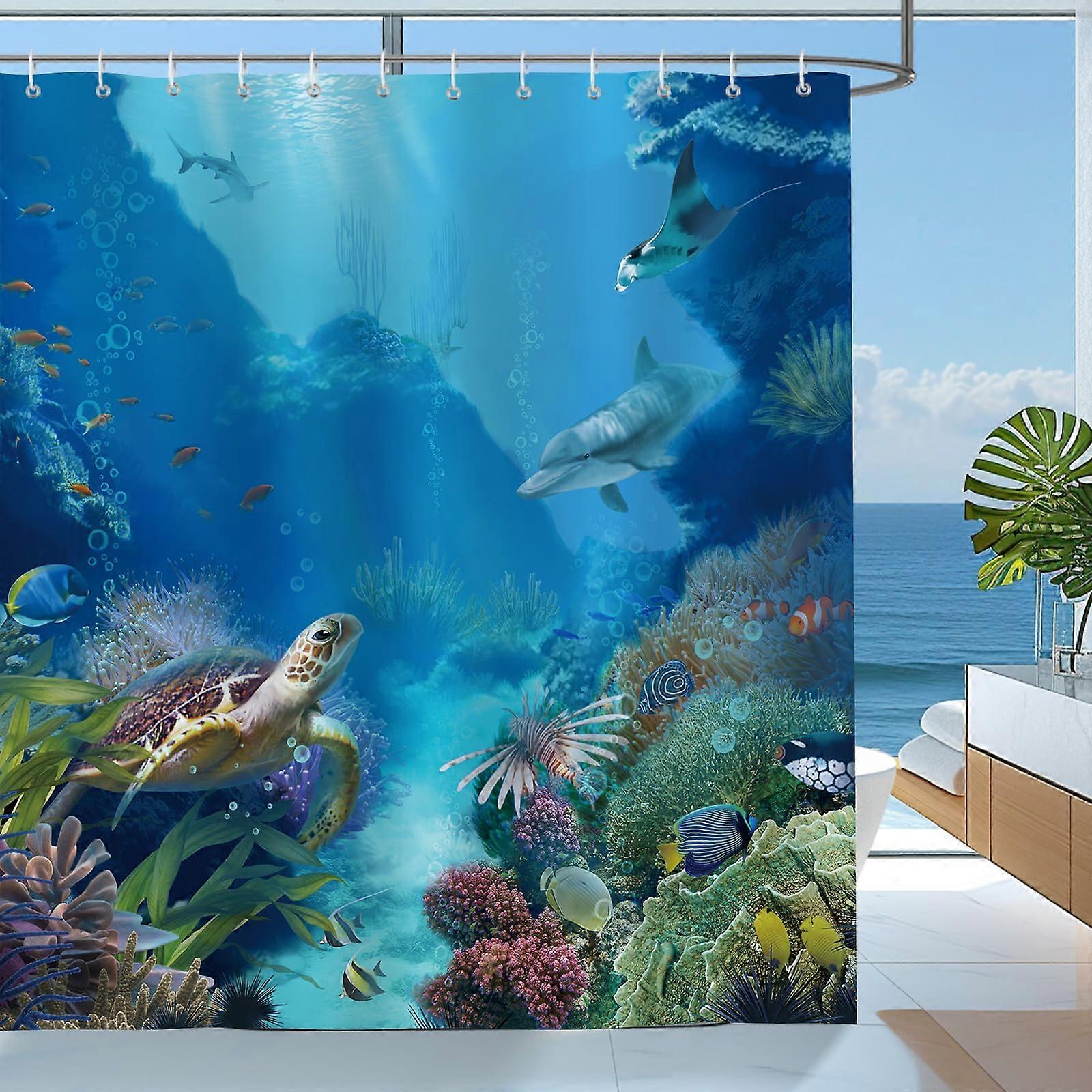 Underwater World Shower Curtain 72 X 72 Inch Polyester Waterproof With 12 Hooks Tropical Fish Turtle Dolphin Pattern