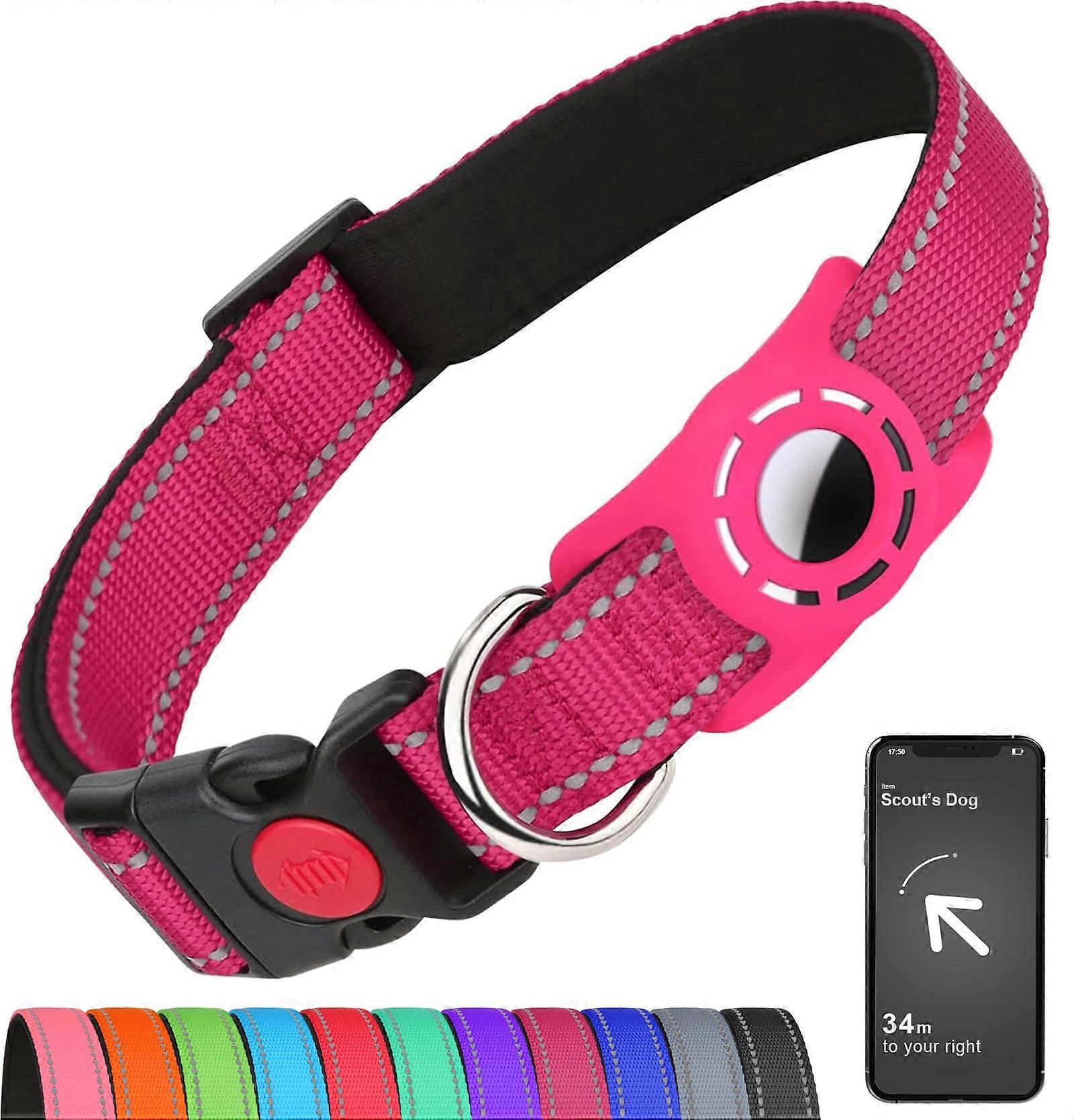 Dog Collar for Airtag for Small Dogs, Adjustable Reflective Nylon with Soft Padding, Safety Locking Buckle, Hot Pink, Size S