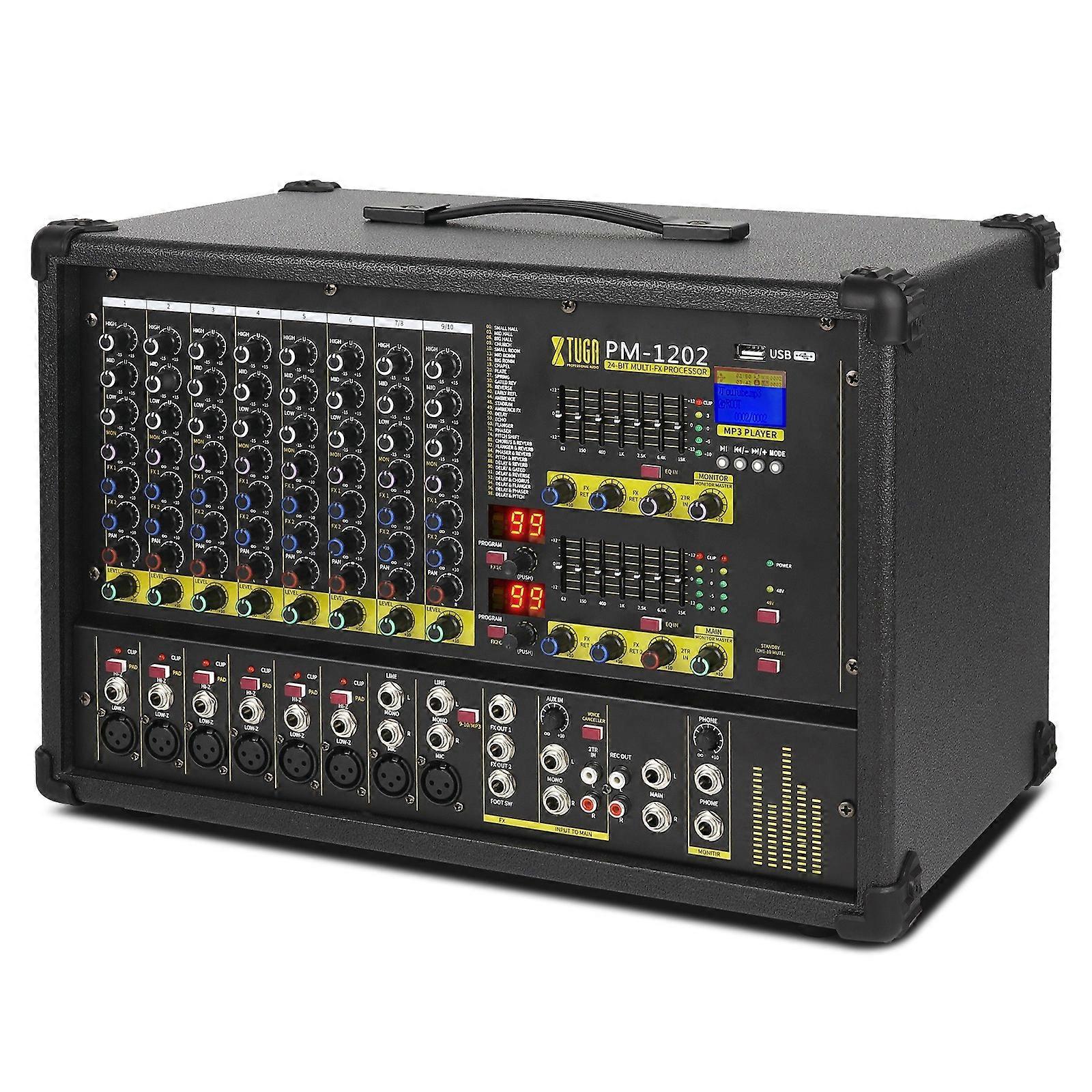 XTUGA PM1202 900W 10 Channel Stage Power Mixer 24Bit Multil-FX Processor Dual 99 DSP Effect DJ Amplifier