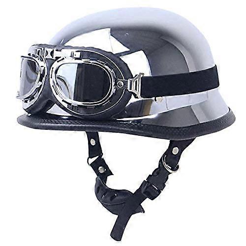 German Style Mirror Silver Chrome DOT Approved Motorcycle Half Helmet with Pilot Goggles