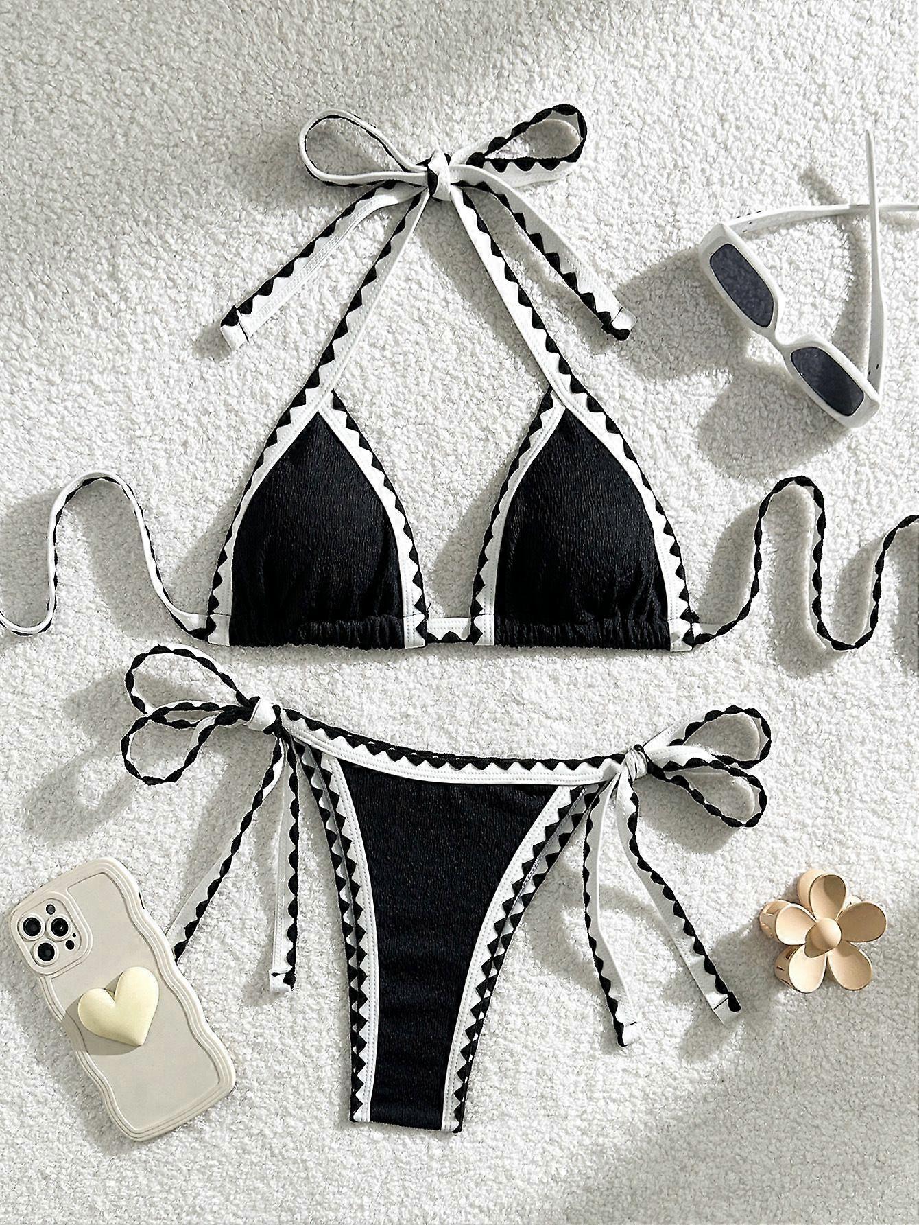 Retro chic string swimsuit for women Black White Contrast Trim Triangle Bikini Set | Men's Summer Shorts