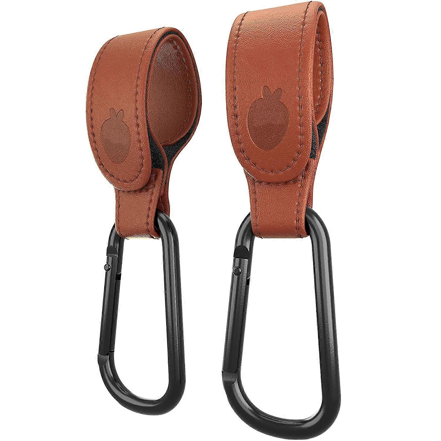 Brown Stroller Hooks - Premium Leather Style Stroller Clip Straps