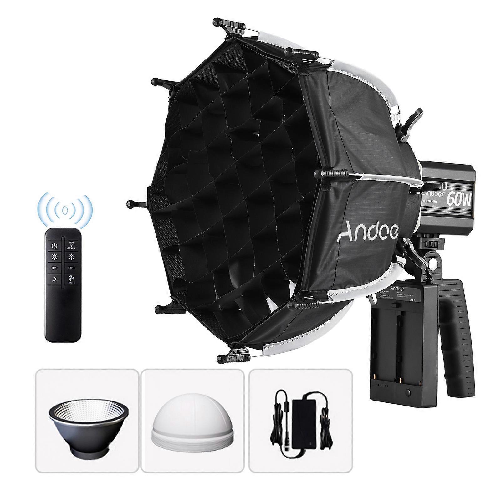 Andoer 60W Portable LED Video Light COB Photography Light 2800K-6800K Dimmable 9 FX Effects with Mini Octagonal Softbox Reflector Handle Remote Contr