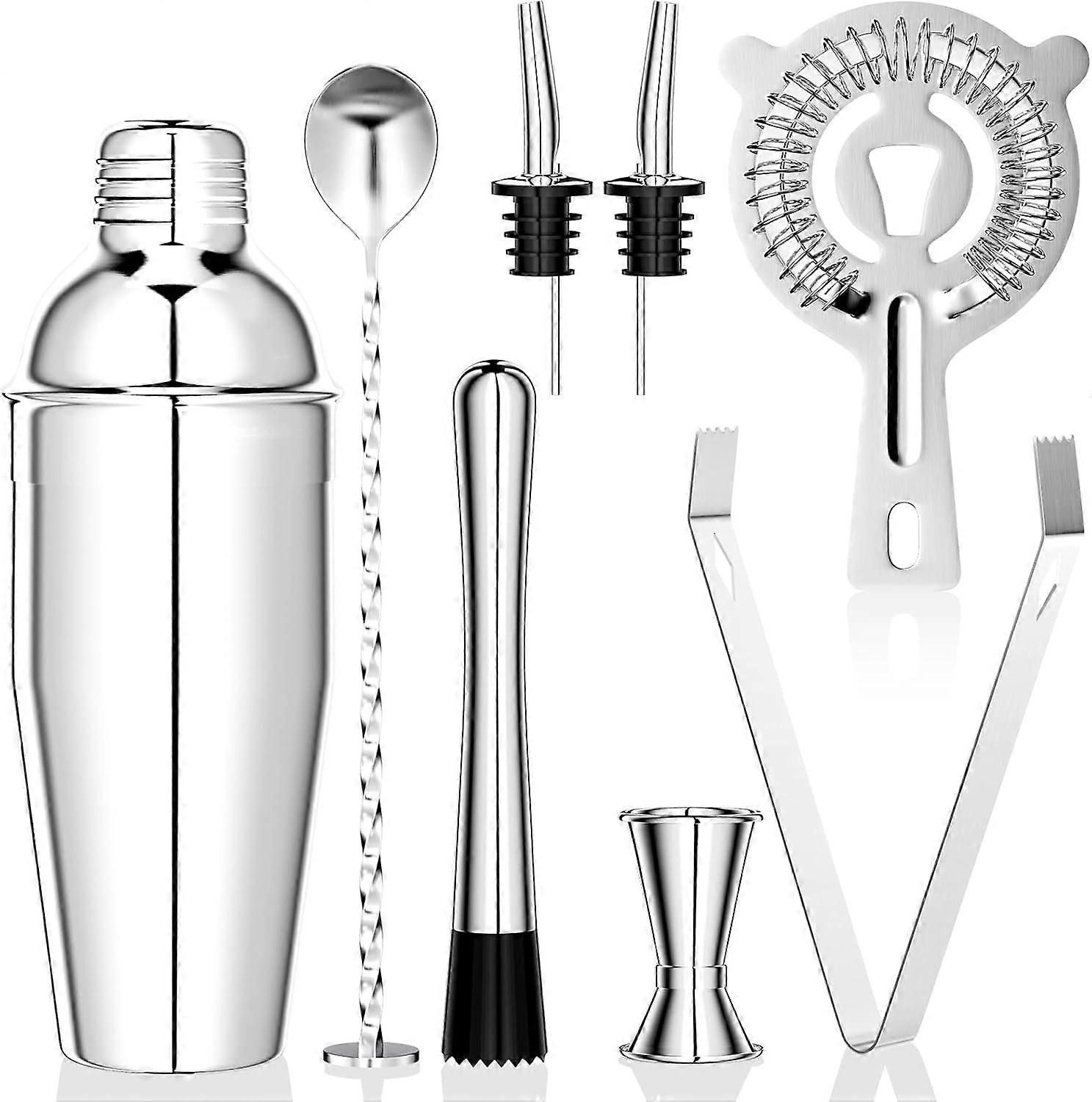750 ML Cocktail Set, 8 piece stainless steel shaker mixer, professional bartender accessories (silver)