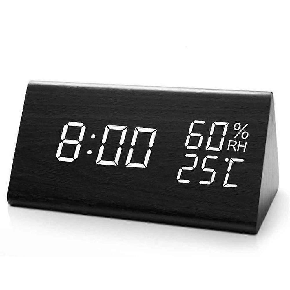Black Wooden LED Digital Alarm Clock - Time Temperature Sound Control Brightness