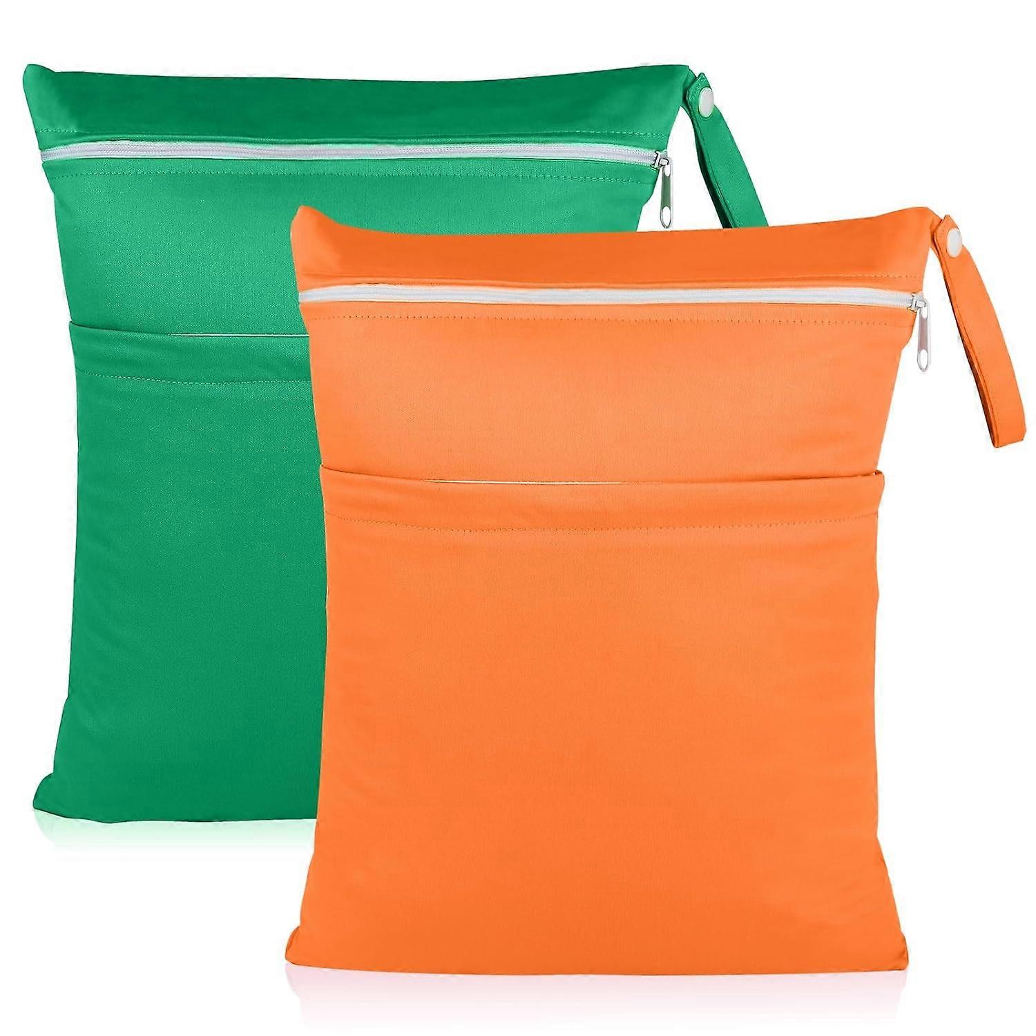 Waterproof Wet & Dry Bag - Dual Zipper Pockets for Swimsuits, Diapers & Gym Clothes | Reusable & Washable (Green + Orange 2 Pack)