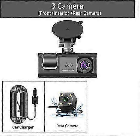 3 Channel HD 1080P 3-Lens Vehicle Dash Cam with Three Way DVR Video Recorder