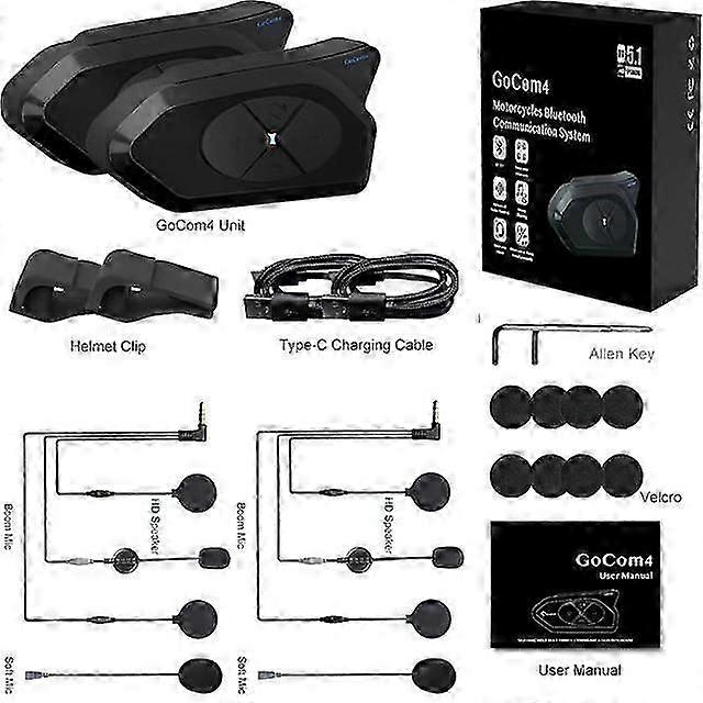 GoCom4 Motorcycle Bluetooth Intercom System for Helmets with FM Radio Supports 4 Riders Communication