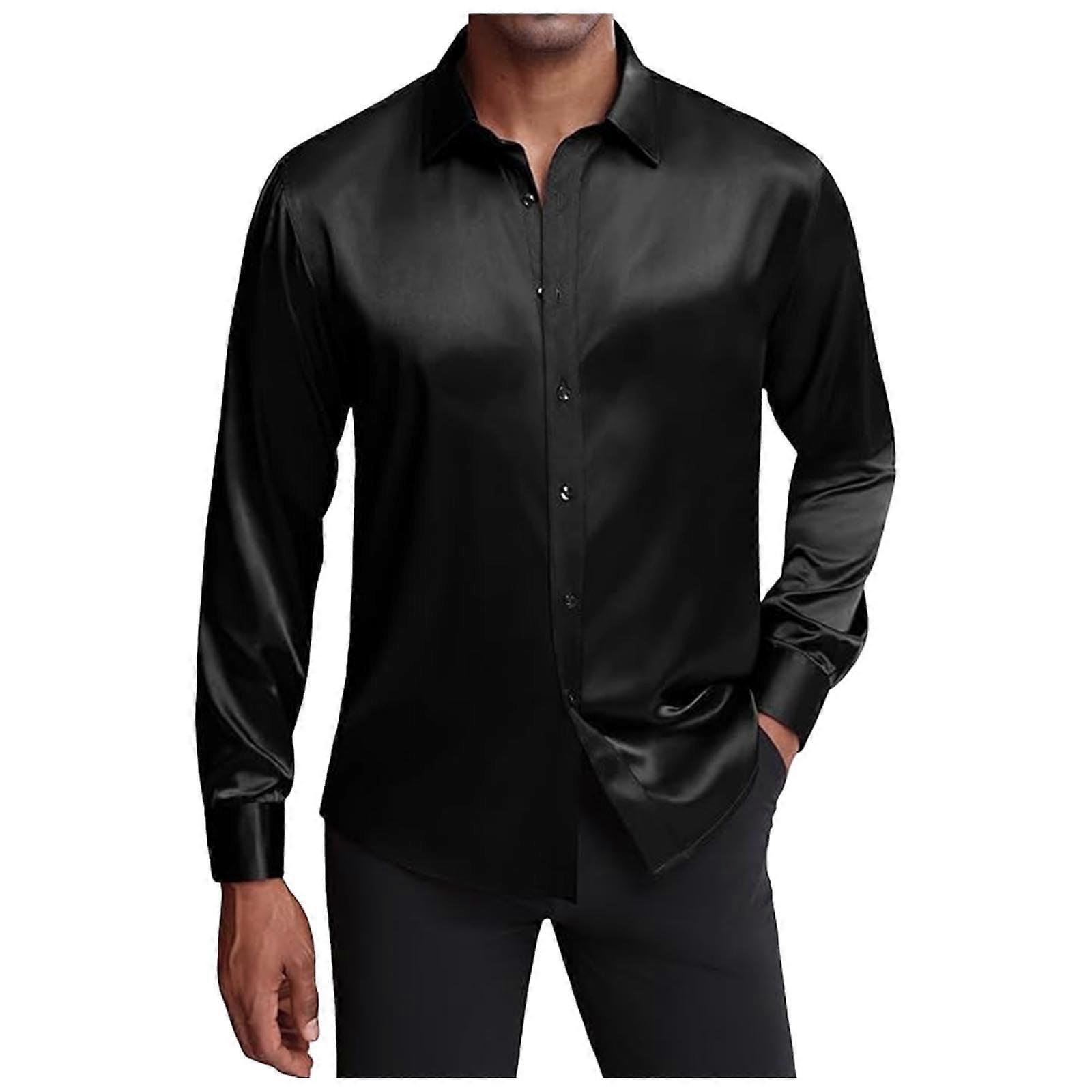 Men's Shirt Long Sleeve NonIron Satin Shirt Business Shirt S Black