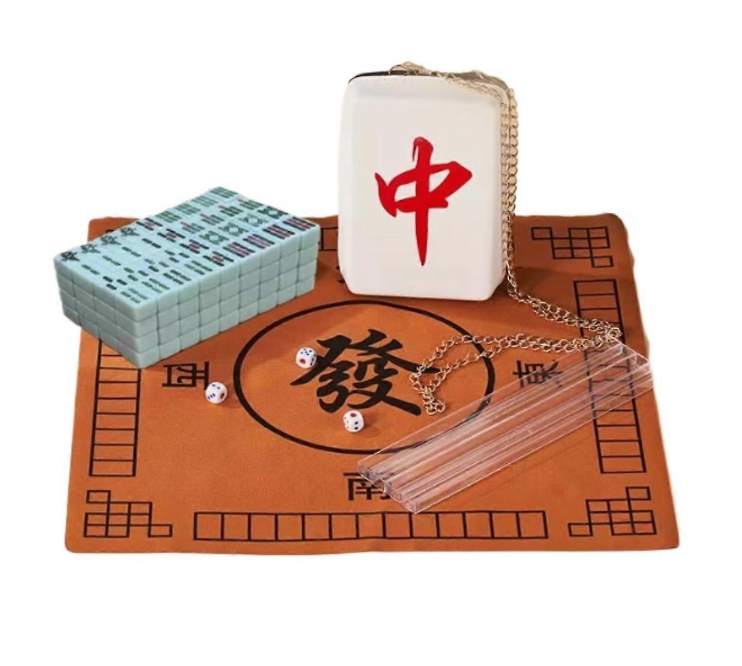 Chinese Mahjong 144 Tiles, Household Hands, Game with Bag, Tablecloth (Green)