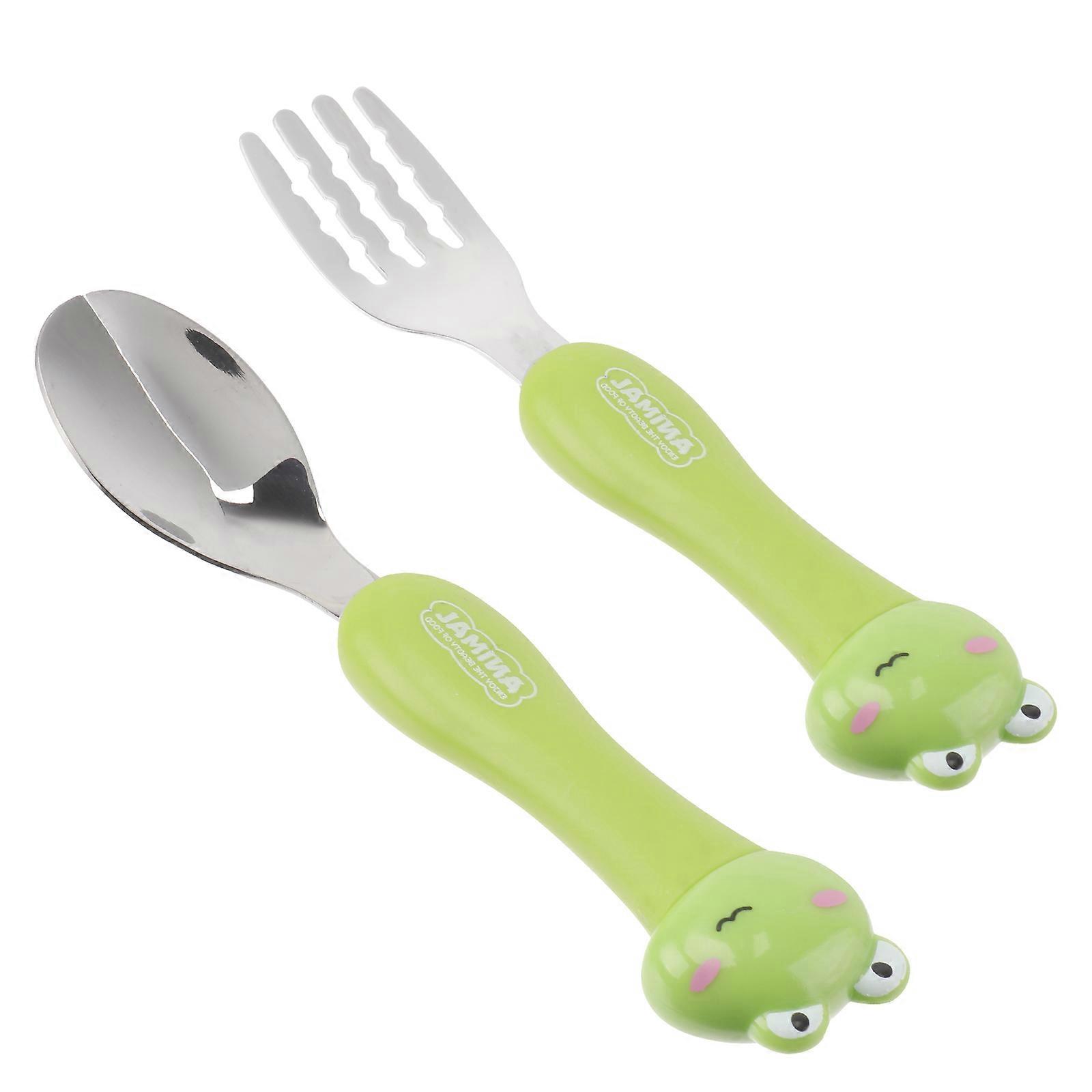 Kids Fork Spoon Set Stainless Steel Tableware Students Drinking Soup Green 14.7X3.2CM Durable 1Set
