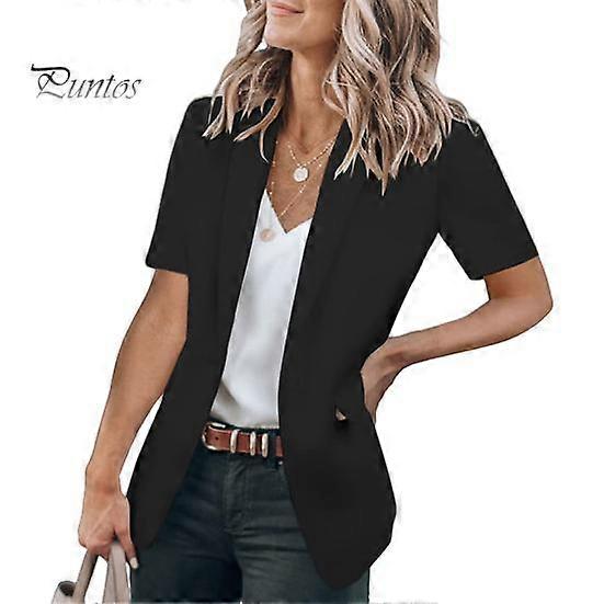 Women Casual Suit Coat Lapel Short Sleeve Single Button Suit Jacket Solid Color Flap Pockets Summer Business Outwear