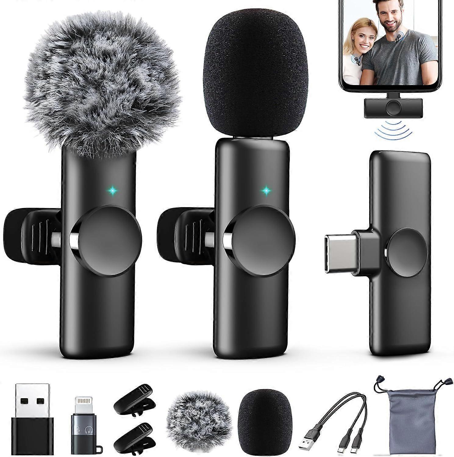 2 Pack Wireless Lavalier Microphone for iPhone 15/iPad/Android/Mobile