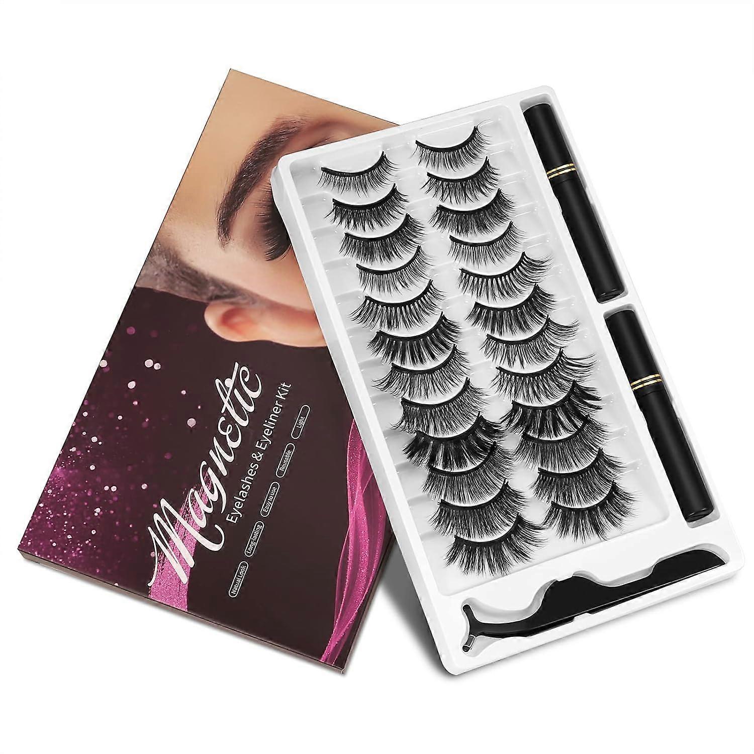 Magnetic Eyelashes and Eyeliner Set, 12 Pairs Reusable Magnetic Eyelashes with Eyeliner and Tweezers, 3D Natural False Eyelashes, Easy to Wear,