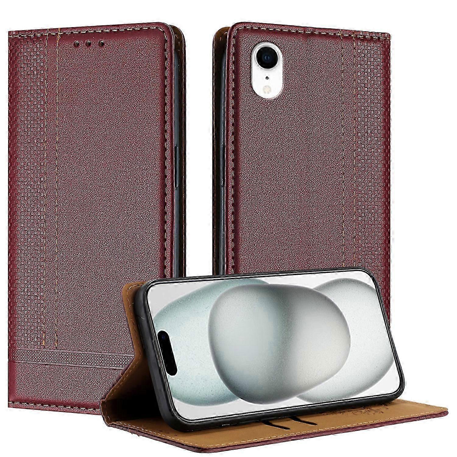 Case For iPhone XR, Vintage Stitch Leather Wallet Case Card Slot Kickstand Magnetic Closure Shockproof Flip Folio Case Cover