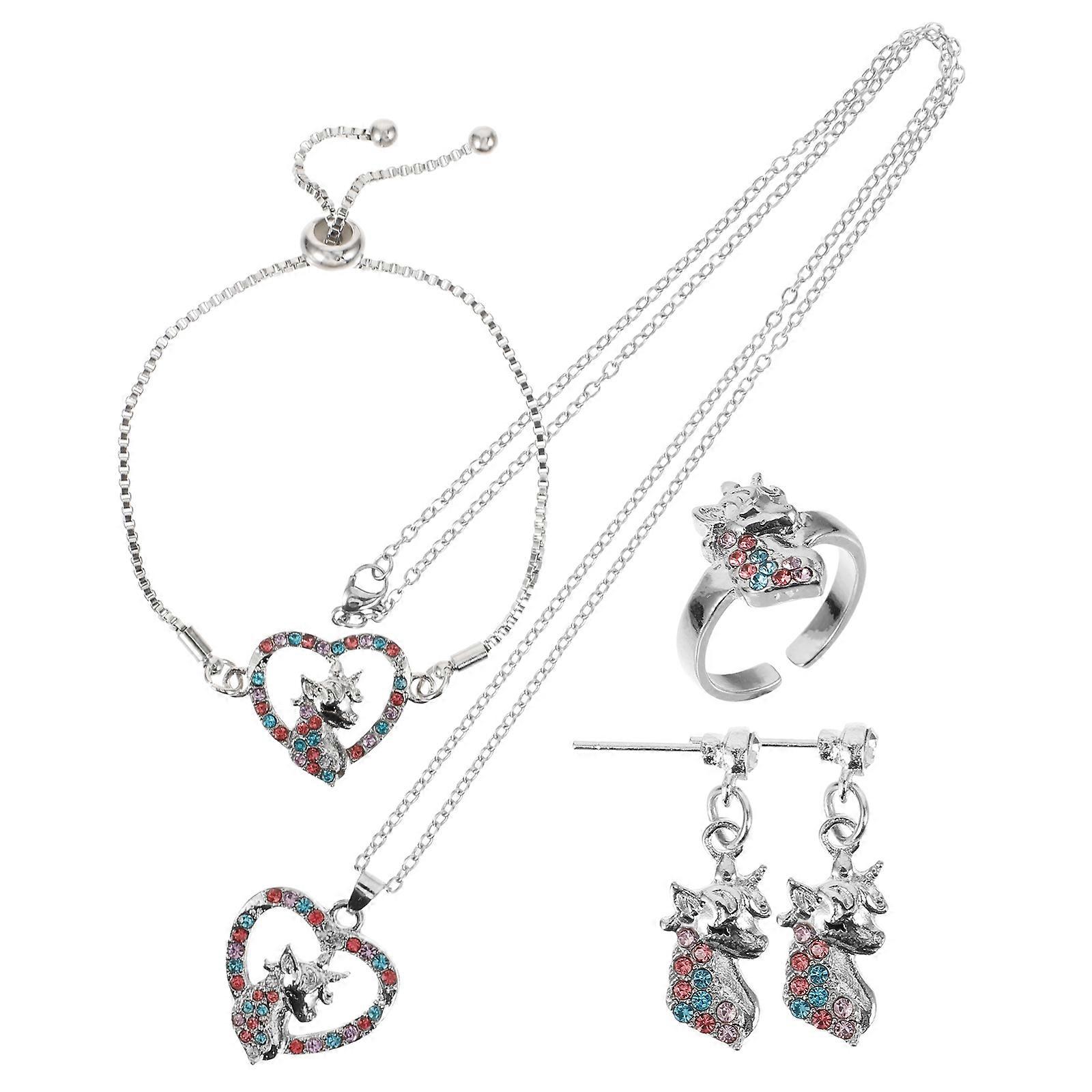 Unicorn Jewelry Set For Girls Featuring Heart Unicorn Bracelet Cute Necklace Decorative Earrings And Ring In Silver Color 1 Set