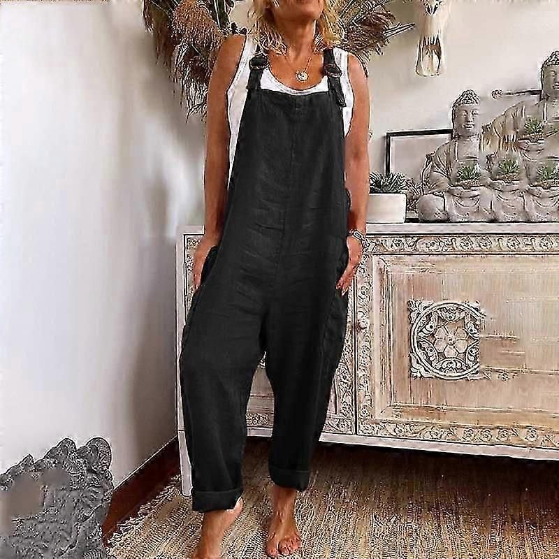 Wide Leg Jumpsuit Women Adjustable Button Cotton Linen Pocket Work Clothes