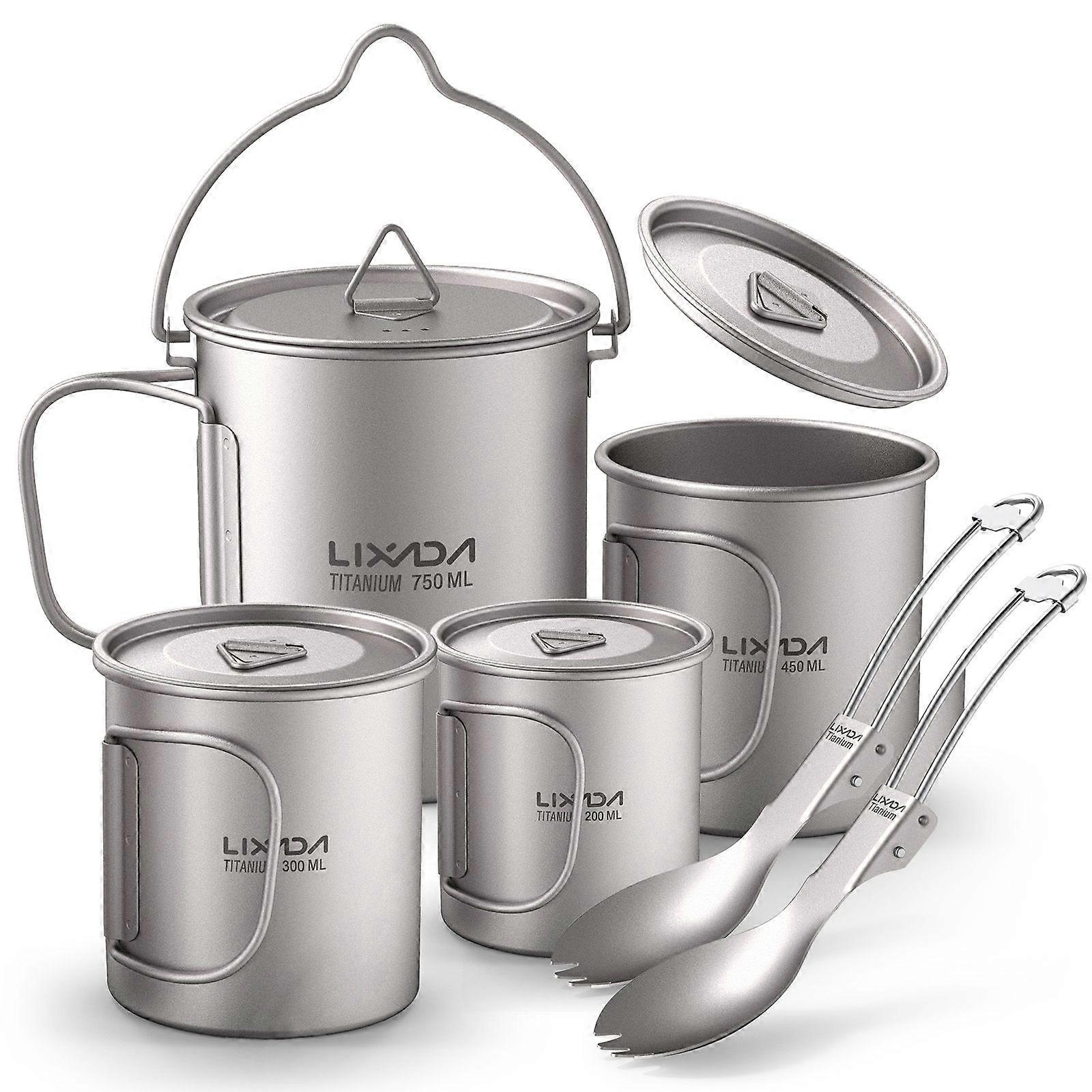 Lightweight Ti 6 Pieces Set Ti 750ml Pot 450ml and 350ml and 200ml Water Cup with Lid Collapsible Handle Folding Spork for Outdoor Camping Hiking Back